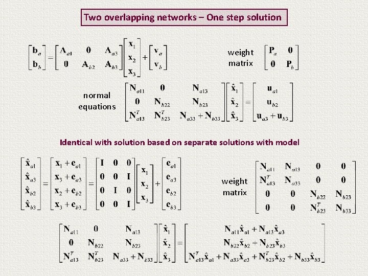 Two overlapping networks – One step solution weight matrix normal equations Identical with solution