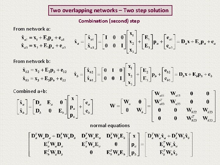 Two overlapping networks – Two step solution Combination (second) step From network a: From