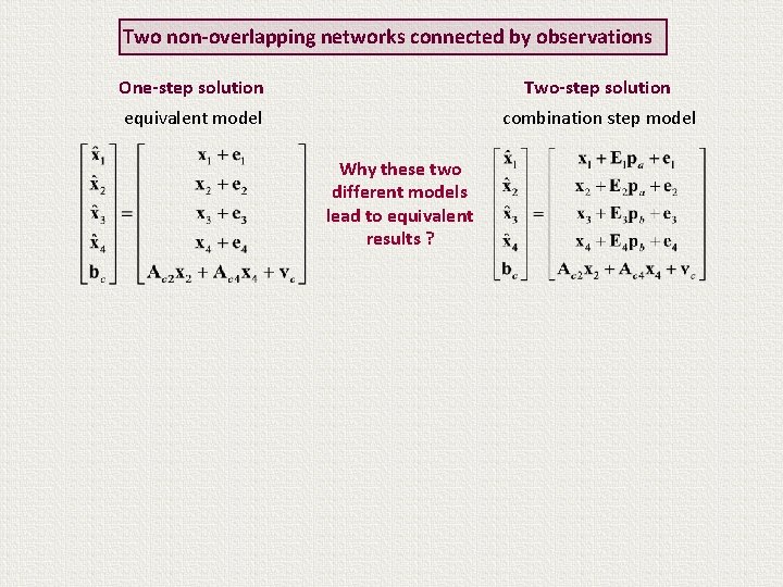 Two non-overlapping networks connected by observations One-step solution Two-step solution equivalent model combination step