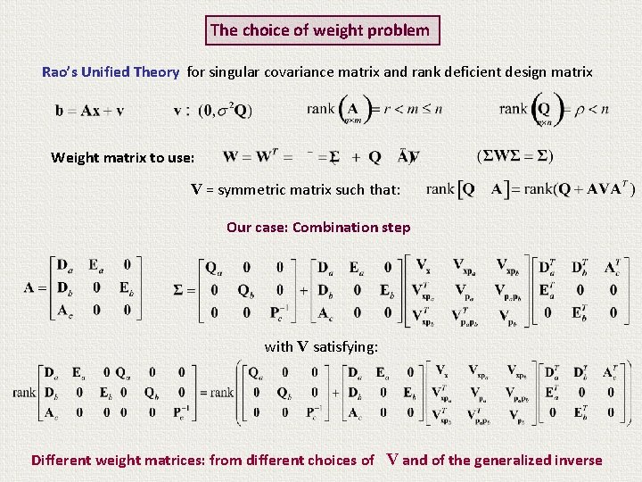 The choice of weight problem Rao’s Unified Theory for singular covariance matrix and rank