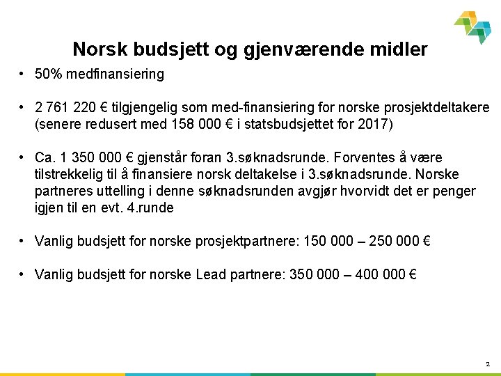 Norsk budsjett og gjenværende midler • 50% medfinansiering • 2 761 220 € tilgjengelig