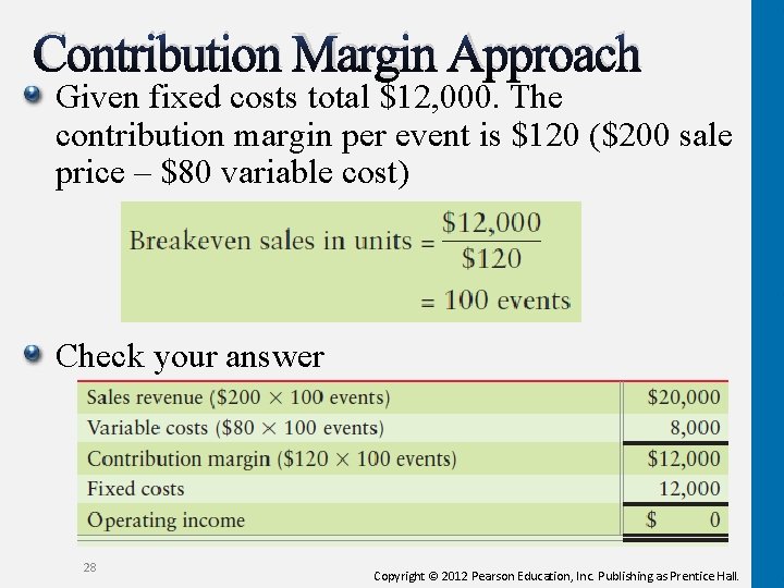Contribution Margin Approach Given fixed costs total $12, 000. The contribution margin per event
