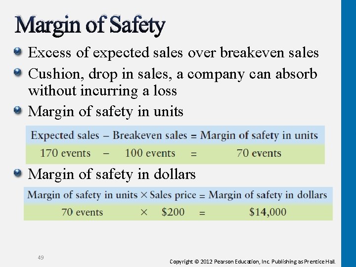 Margin of Safety Excess of expected sales over breakeven sales Cushion, drop in sales,