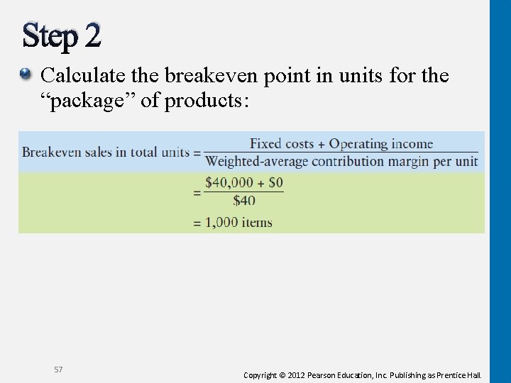 Step 2 Calculate the breakeven point in units for the “package” of products: 57