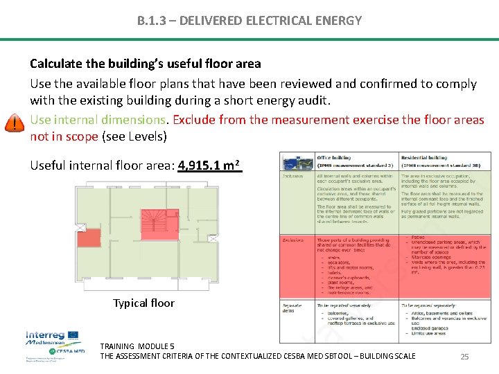 B. 1. 3 – DELIVERED ELECTRICAL ENERGY Calculate the building’s useful floor area Use B. 1. 3 – DELIVERED ELECTRICAL ENERGY Calculate the building’s useful floor area Use