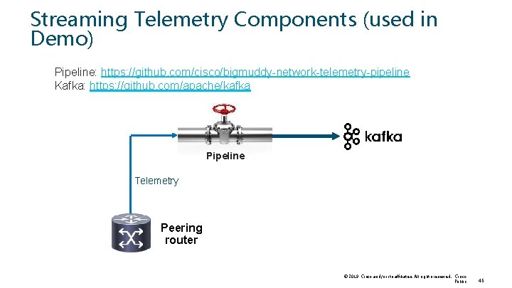 Streaming Telemetry Components (used in Demo) Pipeline: https: //github. com/cisco/bigmuddy-network-telemetry-pipeline Kafka: https: //github. com/apache/kafka