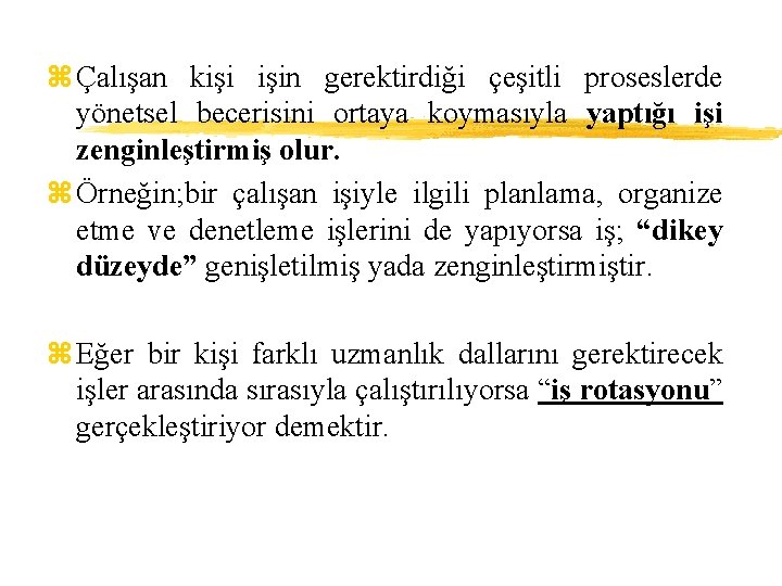 z Çalışan kişi işin gerektirdiği çeşitli proseslerde yönetsel becerisini ortaya koymasıyla yaptığı işi zenginleştirmiş