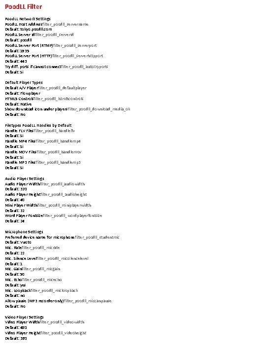 Pood. LL Filter Pood. LL Network Settings Pood. LL Host Addressfilter_poodll_servername Default: tokyo. poodll.