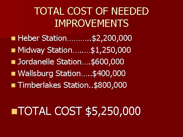 TOTAL COST OF NEEDED IMPROVEMENTS n Heber Station………. . $2, 200, 000 n Midway