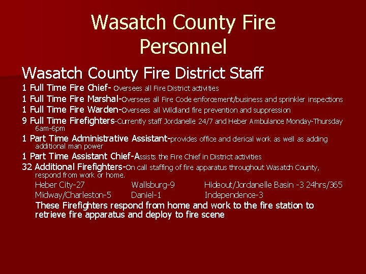 Wasatch County Fire Personnel Wasatch County Fire District Staff 1 Full Time Fire Chief-