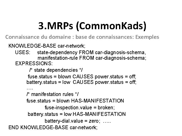 3. MRPs (Common. Kads) Connaissance du domaine : base de connaissances: Exemples KNOWLEDGE-BASE car-network;