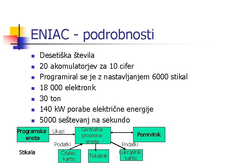 ENIAC - podrobnosti n n n n Desetiška števila 20 akomulatorjev za 10 cifer