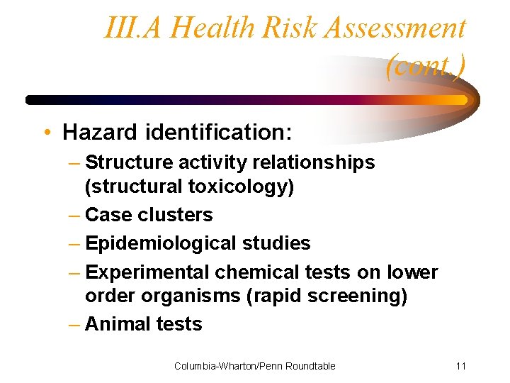 III. A Health Risk Assessment (cont. ) • Hazard identification: – Structure activity relationships