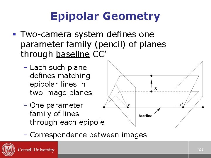 Epipolar Geometry § Two-camera system defines one parameter family (pencil) of planes through baseline