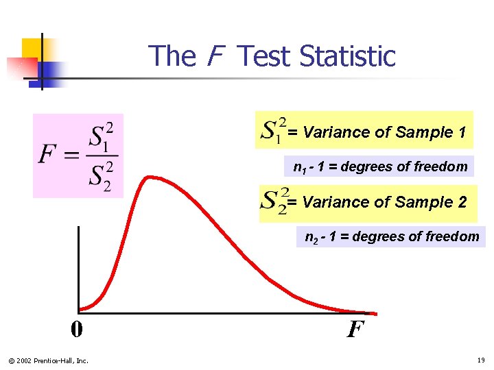 The F Test Statistic = Variance of Sample 1 n 1 - 1 =