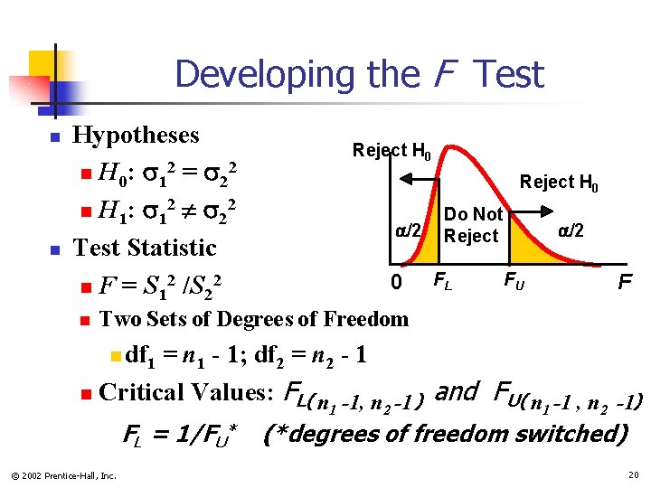 Developing the F Test n n Hypotheses n H 0: s 12 = s