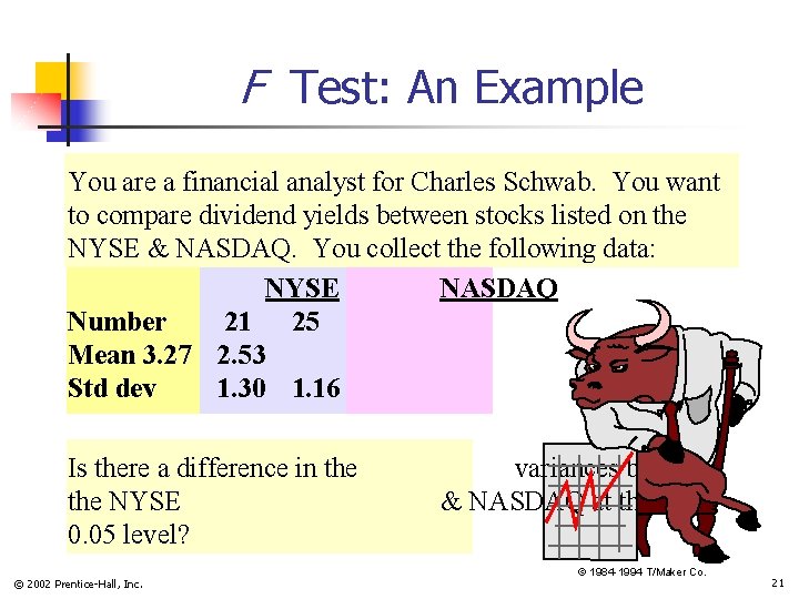 F Test: An Example You are a financial analyst for Charles Schwab. You want