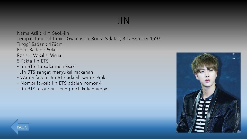 JIN Nama Asli : Kim Seok-jin Tempat Tanggal Lahir : Gwacheon, Korea Selatan, 4