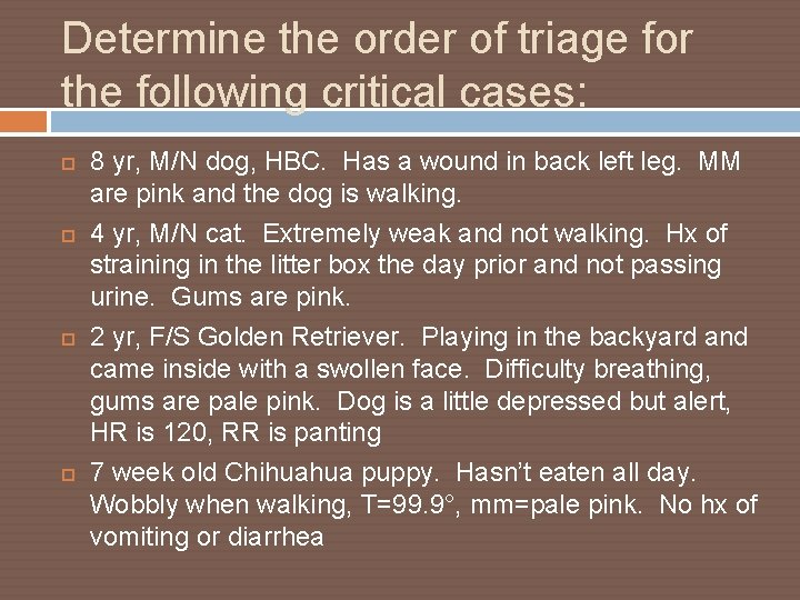 Determine the order of triage for the following critical cases: 8 yr, M/N dog,