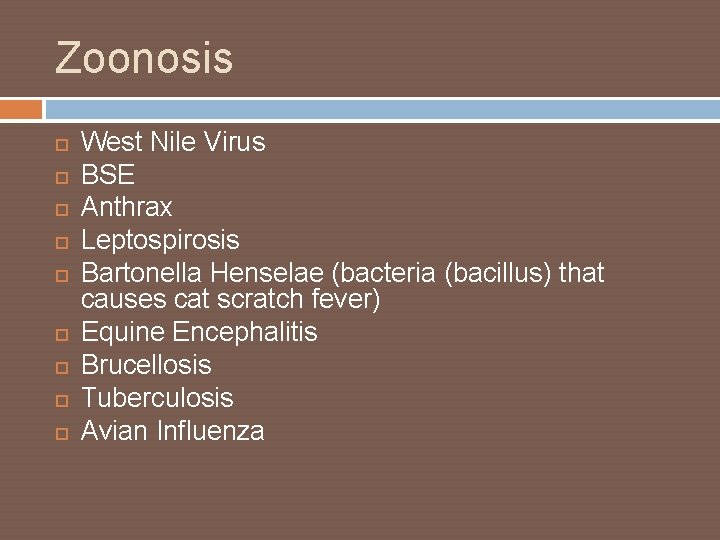 Zoonosis West Nile Virus BSE Anthrax Leptospirosis Bartonella Henselae (bacteria (bacillus) that causes cat