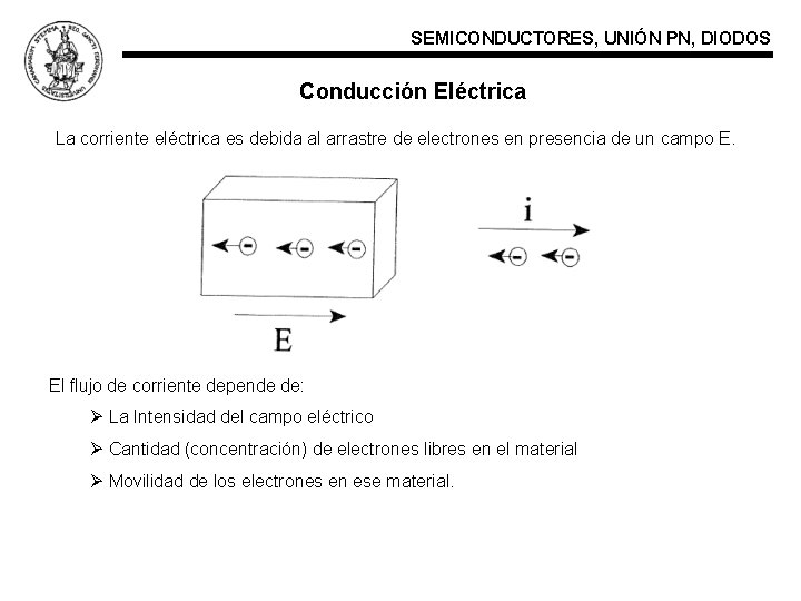 SEMICONDUCTORES, UNIÓN PN, DIODOS Conducción Eléctrica La corriente eléctrica es debida al arrastre de