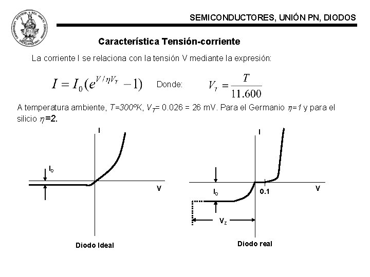 SEMICONDUCTORES, UNIÓN PN, DIODOS Característica Tensión-corriente La corriente I se relaciona con la tensión