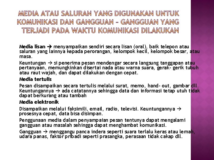 Media lisan menyampaikan sendiri secara lisan (oral), baik telepon atau saluran yang lainnya kepada Media lisan menyampaikan sendiri secara lisan (oral), baik telepon atau saluran yang lainnya kepada
