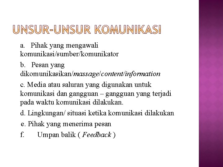 a. Pihak yang mengawali komunikasi/sumber/komunikator b. Pesan yang dikomunikasikan/massage/content/information c. Media atau saluran yang