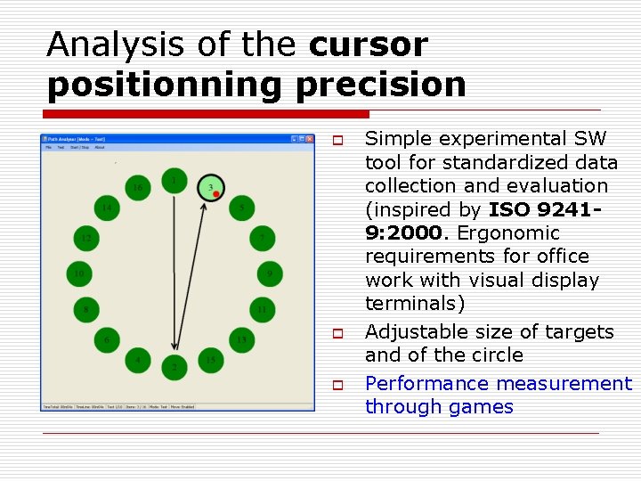 Analysis of the cursor positionning precision o o o Simple experimental SW tool for