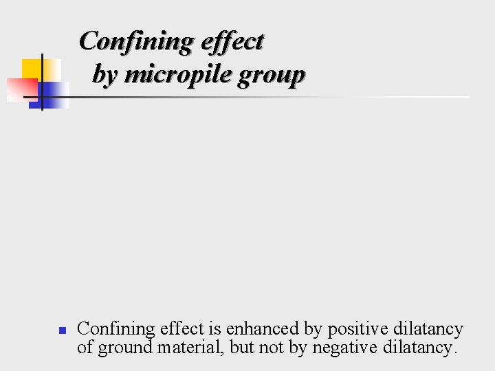 Confining effect by micropile group n Confining effect is enhanced by positive dilatancy of