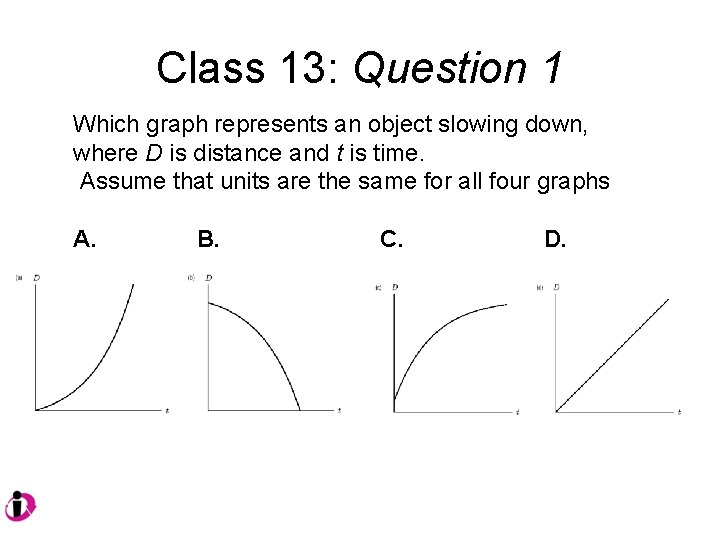 Class 13: Question 1 Which graph represents an object slowing down, where D is