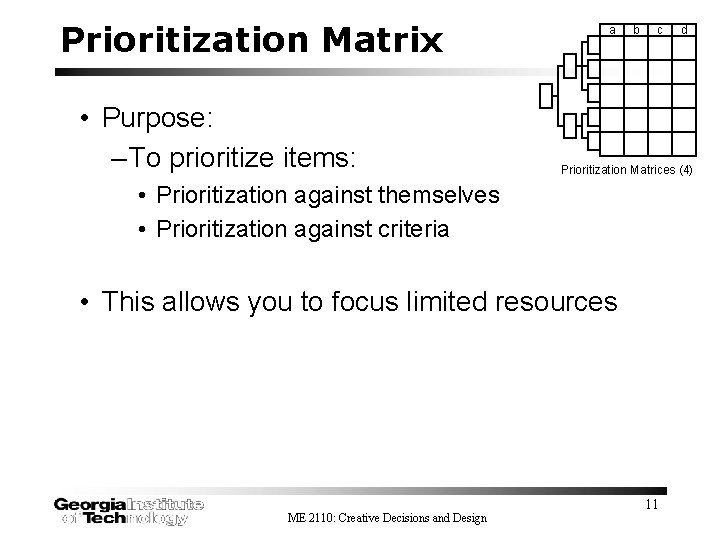Prioritization Matrix • Purpose: – To prioritize items: a b c Prioritization Matrices (4)