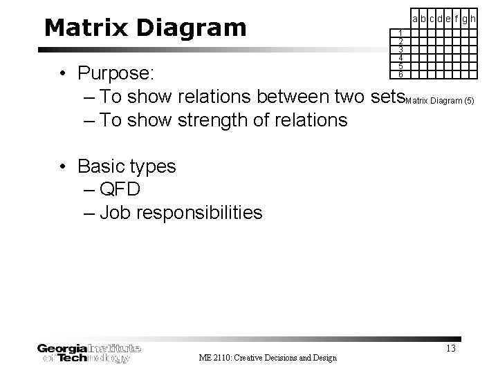 Matrix Diagram abcde f gh 1 2 3 4 5 6 • Purpose: –