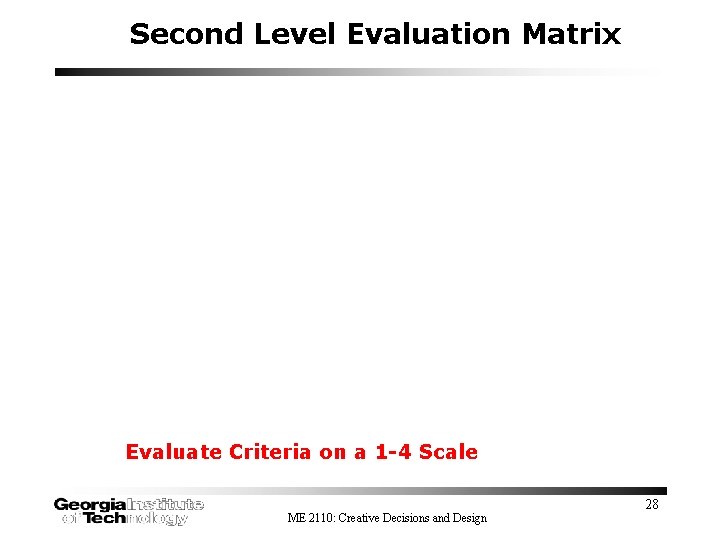 Second Level Evaluation Matrix Evaluate Criteria on a 1 -4 Scale ME 2110: Creative