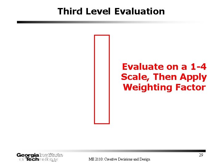 Third Level Evaluation Evaluate on a 1 -4 Scale, Then Apply Weighting Factor ME