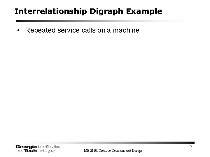 Interrelationship Digraph Example • Repeated service calls on a machine ME 2110: Creative Decisions