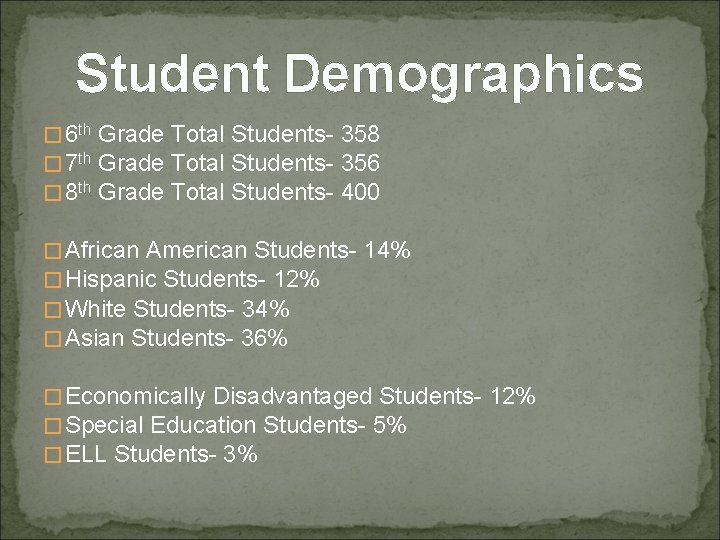 Student Demographics � 6 th Grade Total Students- 358 � 7 th Grade Total