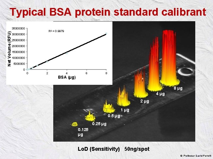 Typical BSA protein standard calibrant Net Volume (RFU) 35000000 R 2 = 0. 9979