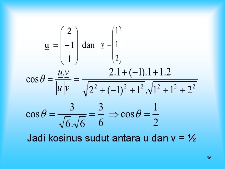 Jadi kosinus sudut antara u dan v = ½ 36 