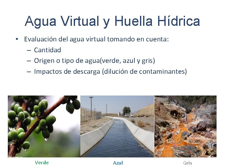 Agua Virtual y Huella Hídrica • Evaluación del agua virtual tomando en cuenta: –
