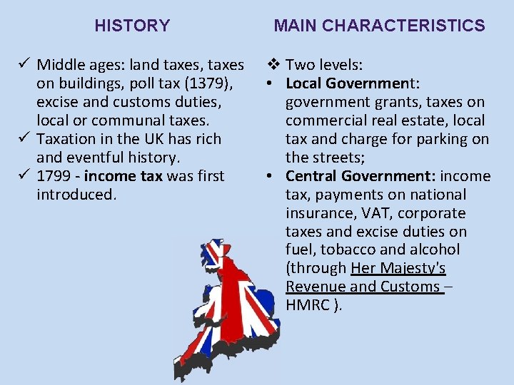 HISTORY MAIN CHARACTERISTICS ü Middle ages: land taxes, taxes on buildings, poll tax (1379), HISTORY MAIN CHARACTERISTICS ü Middle ages: land taxes, taxes on buildings, poll tax (1379),