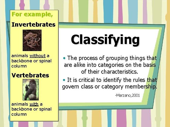 For example, Invertebrates Classifying animals without a backbone or spinal column Vertebrates • The For example, Invertebrates Classifying animals without a backbone or spinal column Vertebrates • The