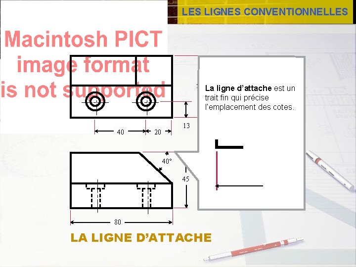 LES LIGNES CONVENTIONNELLES 50 La ligne d’attache est un trait fin qui précise l’emplacement