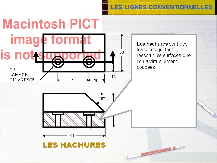 LES LIGNES CONVENTIONNELLES Les hachures sont des traits fins qui font ressortir les surfaces