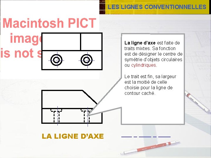 LES LIGNES CONVENTIONNELLES La ligne d’axe est faite de traits mixtes. Sa fonction est