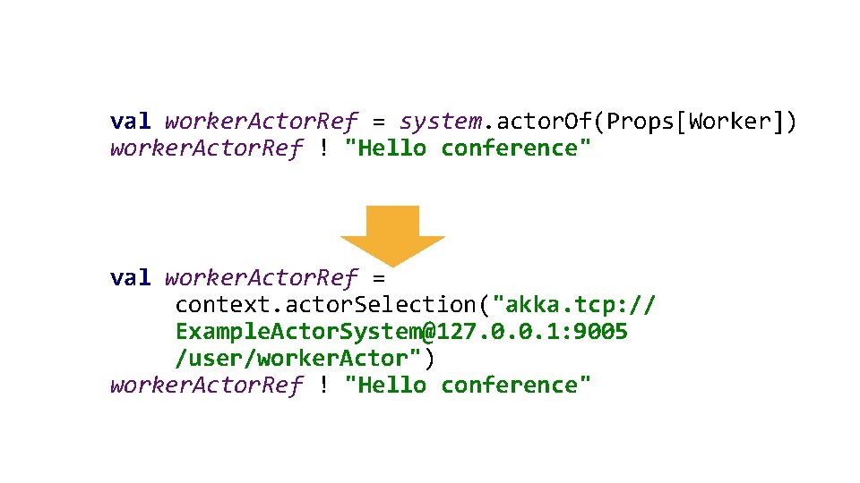 val worker. Actor. Ref = system. actor. Of(Props[Worker]) worker. Actor. Ref ! "Hello conference"