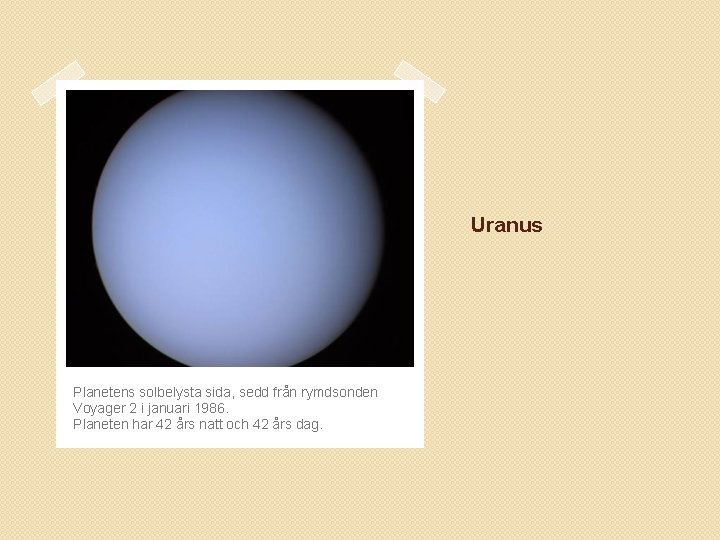 Uranus Planetens solbelysta sida, sedd från rymdsonden Voyager 2 i januari 1986. Planeten har
