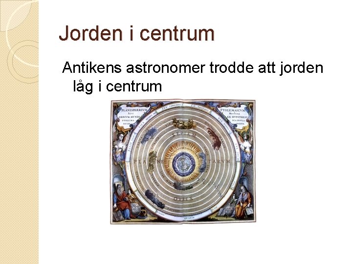 Jorden i centrum Antikens astronomer trodde att jorden låg i centrum 