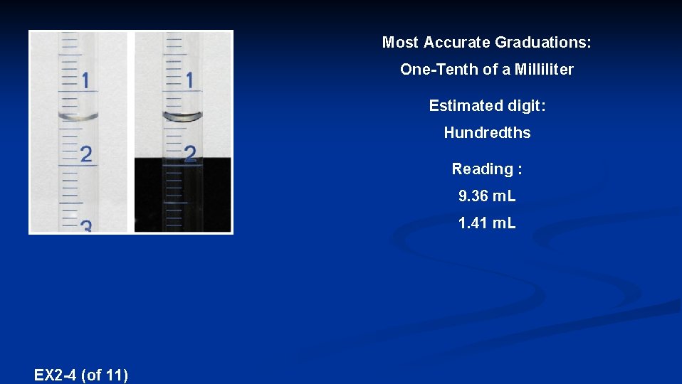 Most Accurate Graduations: One-Tenth of a Milliliter Estimated digit: Hundredths Reading : 9. 36