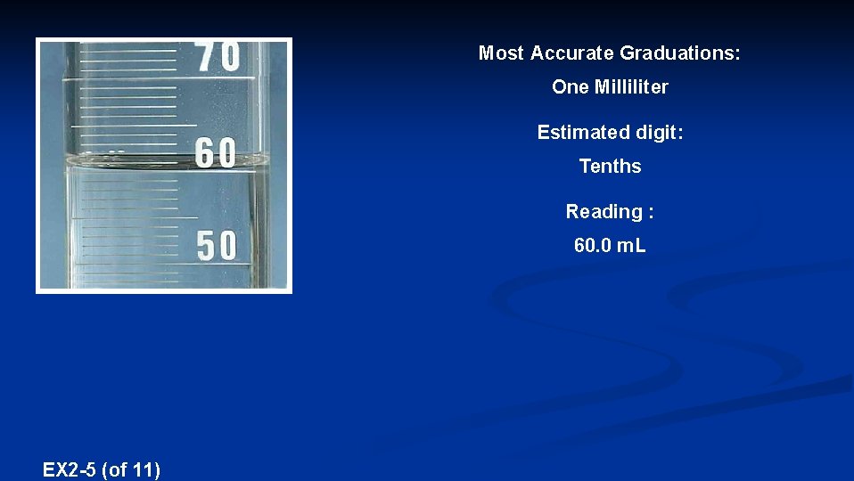 Most Accurate Graduations: One Milliliter Estimated digit: Tenths Reading : 60. 0 m. L